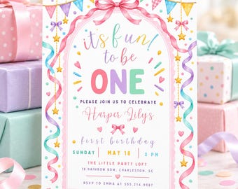 It's Fun to Be One First Birthday, 1st Birthday Invitation, Fun To Be One Invitation, Colorful 1st Birthday Invite, Editable Canva Template