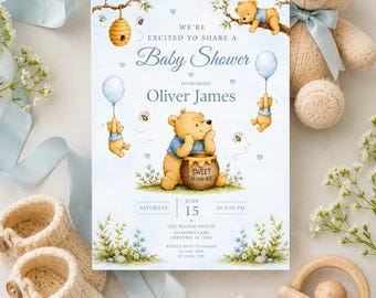 Könnte beinhalten: Eine rechteckige Einladungskarte für eine Babyparty mit Aquarellillustrationen von Teddybären, Honigtöpfen und Bienen auf hellblauem Hintergrund. Der Text lautet: We're excited to share a Baby Shower honoring Oliver James, Saturday June 15 at 2:00 PM, The Bloom House, 123 Honey Lane, Anytown, ST 12345. Kindly RSVP to Sarah 123.456.7890 by June 5th.