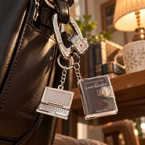 Handmade Mini Laptop Book Bag Charm, Metal Computer Keychain, Retro Tech Purse Accessory, Cute Belt Loop Gift for Book Lovers