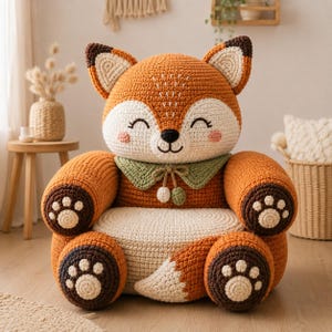 May include: A crochet fox-shaped armchair featuring a large orange and white head with pointed ears, a green collar with a tie, and two armrests ending in dark brown paws with white pads. The seat is cream-colored with a fox tail draped across the front.