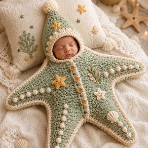 May include: A sage green crochet baby bunting shaped like a five-pointed star with a hood, featuring a cream-colored pom-pom, wooden buttons, and decorative appliqués including small smiling stars, a shell, and a sprig of greenery.