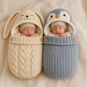 Peut inclure: Deux gigoteuses tricotées pour bébé avec des capuches en forme d'animaux. L'une est crème avec de longues oreilles de lapin et un motif torsadé. L'autre est bleue et blanche avec un motif de pingouin. Elles ont des boutons en bois.