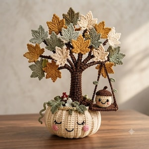 May include: A crochet sculpture featuring a cream-coloured pumpkin base with a smiling face, supporting a brown tree trunk with multi-coloured maple leaves in shades of green, yellow, and cream. A small acorn character sits on a hanging swing.