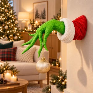Peut inclure: Une main verte murale aux doigts longs et fins émergeant d'une manche rouge avec un revers en fausse fourrure blanche. La main tient une boule de Noël dorée, striée et sphérique par une fine ficelle, dépassant d'une surface plane.