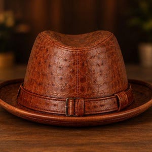 May include: A brown fedora hat featuring a textured ostrich leather pattern across the crown and brim. The hat includes a matching brown leather band around the base, secured with a small, rectangular metal buckle on the front side.