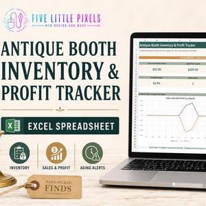 Puede incluir: Un ordenador portátil que muestra una hoja de cálculo de Excel Antique Booth Inventory & Profit Tracker. La pantalla muestra datos financieros, un gráfico de líneas y un gráfico de barras. El texto incluye Five Little Pixels, Inventory, Sales & Profit y Aging Alerts.