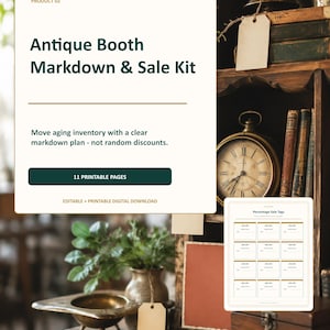 May include: A digital document titled Antique Booth Markdown & Sale Kit with 11 printable pages. The document features dark green text on a cream background, including a section for percentage sale tags and instructions for inventory management.