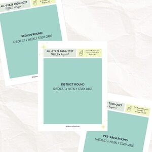 May include: A digital study guide set for Region 17 Treble, including a Tips & Tricks Guide, Practice Log Template, and checklists for District, Region, and Pre-Area rounds. The high-quality PDF files are formatted for 8.5 inch by 11 inch paper.