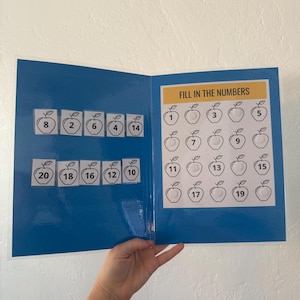 May include: A blue educational folder featuring a Fill in the Numbers activity with apple illustrations. The left side displays ten square cards with numbers 2, 4, 6, 8, 10, 12, 14, 16, 18, and 20. The right side shows a grid of apples with numbers 1 through 20.