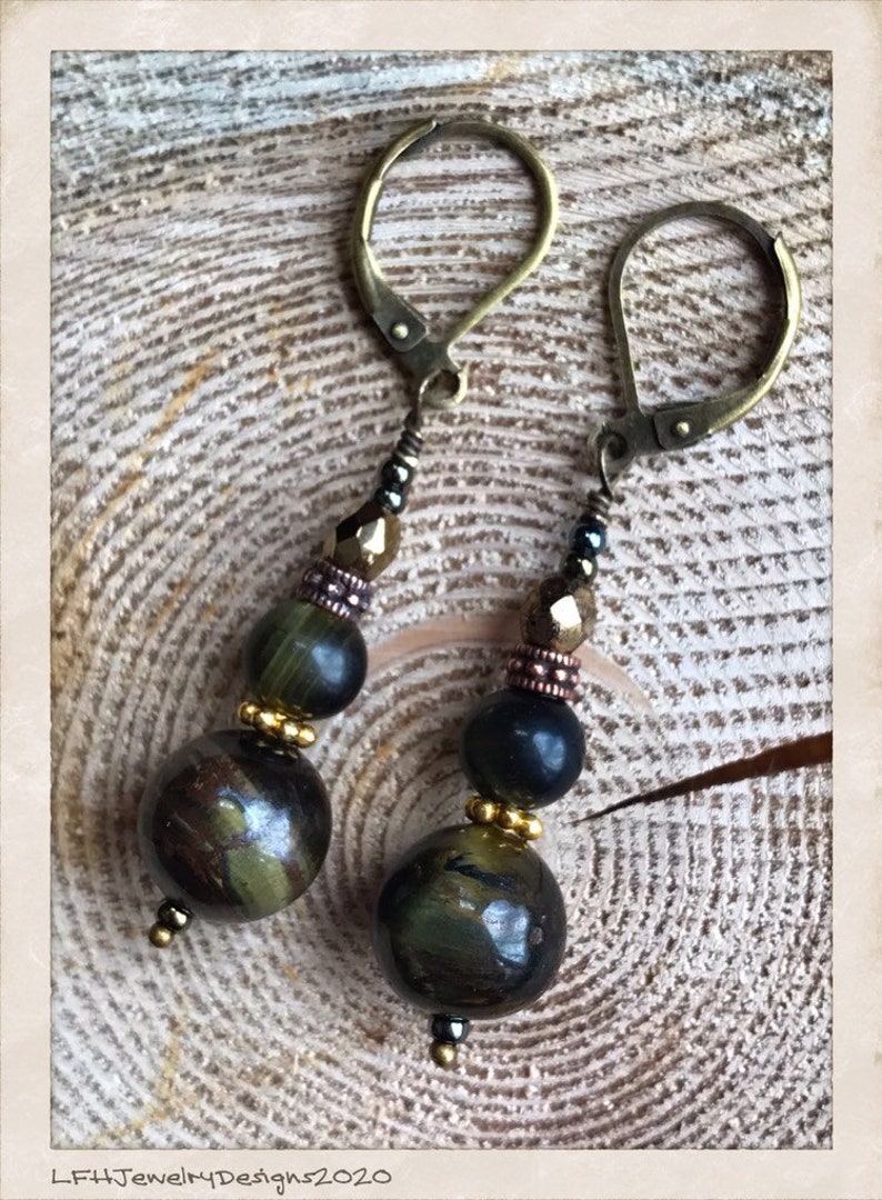 Blue Tiger Eye Earrings Hawkeye Sphere Earrings with Gold Daisies Copper Decorative Beads and Czech Glass Earrings