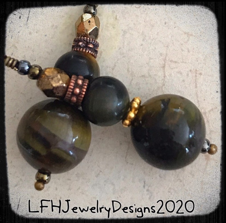 Blue Tiger Eye Earrings Hawkeye Sphere Earrings with Gold Daisies Copper Decorative Beads and Czech Glass Earrings