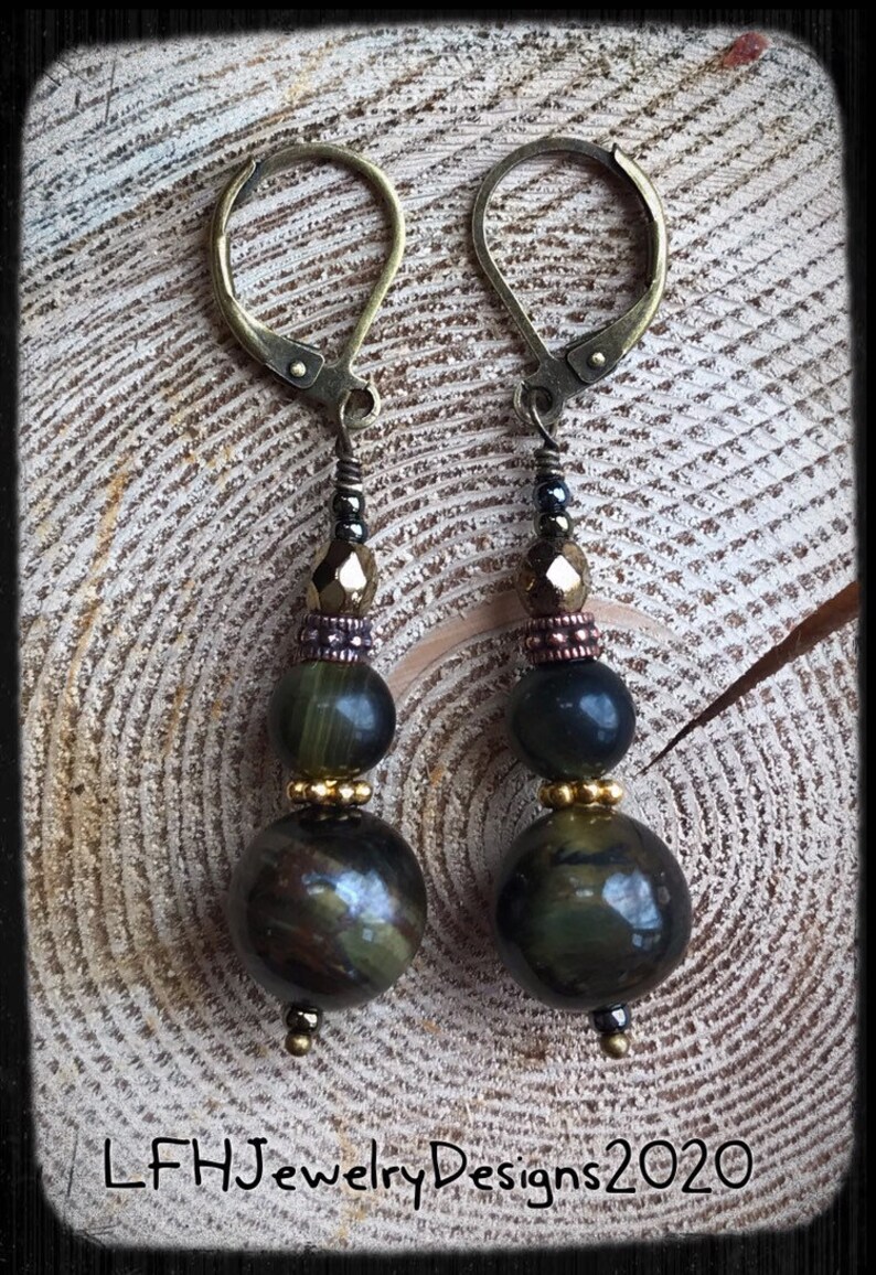 Blue Tiger Eye Earrings Hawkeye Sphere Earrings with Gold Daisies Copper Decorative Beads and Czech Glass Earrings