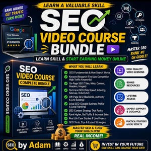 May include: A digital marketing educational graphic titled SEO Video Course Bundle. It features a laptop, a monitor, a money bag, and a list of course modules including SEO fundamentals, keyword research, on-page, technical, and off-page SEO strategies.