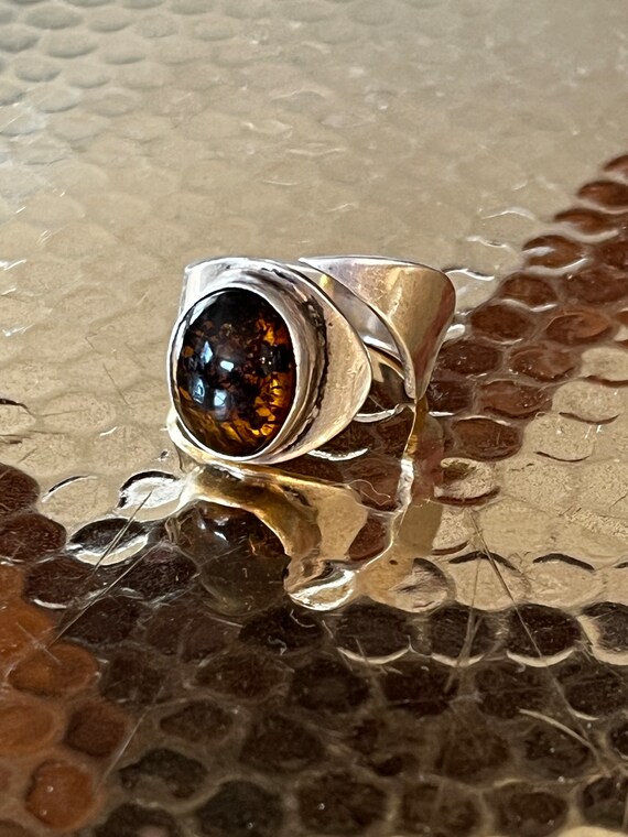 Vintage Ring, Sterling Silver and Amber Ring, Adju