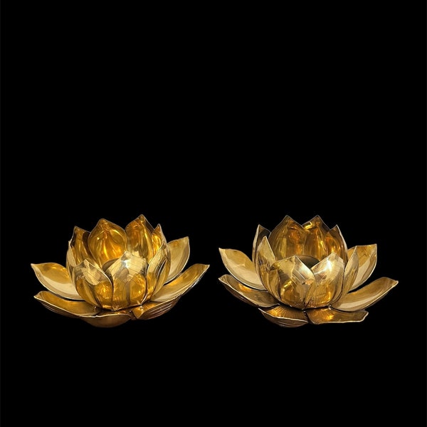 Pair of Lotus Brass Candle Holders, Brass Candlestick Holders, Mid Century Modern