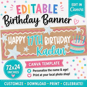 Peut inclure: Un modèle de bannière d'anniversaire modifiable avec un fond en papier kraft, une bordure festonnée rose, des étoiles blanches et un gâteau coloré. Le texte indique Happy 17th Birthday Kaelan. Il mesure 183x61 cm et inclut des confettis.