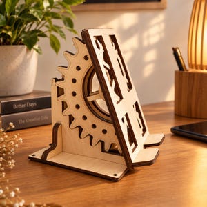 Telefonstativ med mekanisk växel SVG | Justerbar telefonhållare laserskuren fil | Telefondocka i trä vektor | Glowforge xTool | DXF EPS Pdf