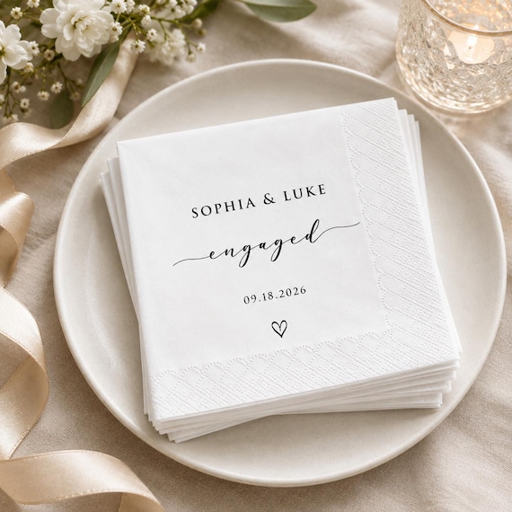 Personalized Engagement Napkins, Custom Wedding Cocktail Napkins, Names and Date Napkins, Engagement Party Table Decor