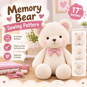 Puede incluir: Un patrón de costura para oso de memoria de 17 pulgadas con un oso de peluche color crema, mejillas rosadas y una pajarita a cuadros rosas y blancos. El gráfico incluye texto para patrón imprimible, instrucciones y para principiantes.