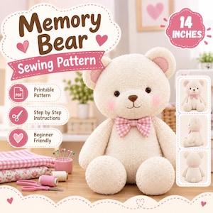 Puede incluir: Un oso de peluche de 35,5 cm de tela texturizada color crema, con mejillas rosadas y una pajarita de cuadros rosas y blancos. La imagen incluye texto para un patrón de costura Memory Bear, PDF imprimible, instrucciones paso a paso y nivel principiante.