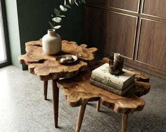 Live Edge Wood Side Tables, Handmade Natural Wood End Table Set, Rustic Furniture