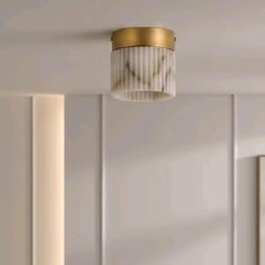 Elegant Fluted Natural Marble Flush Mount Ceiling Light with Antique Brass Finish