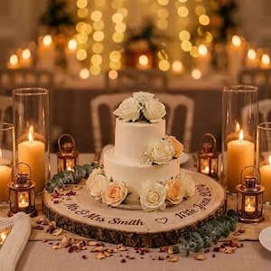 May include: A two-tier white wedding cake decorated with cream and peach roses, resting on a round wooden slice engraved with the text Mr & Mrs Smith and 11th June 2024, surrounded by pillar candles in glass cylinders and small metal lanterns.