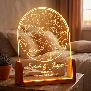 Custom Star Map LED Light, Personalised Night Sky Night Lamp with Wood Base, Romantic Anniversary Gift for Boyfriend Girlfriend