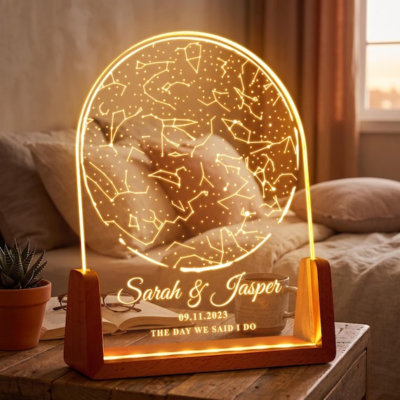 Custom Star Map LED Light, Personalised Night Sky Night Lamp with Wood Base, Romantic Anniversary Gift for Boyfriend Gir