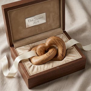 Puede incluir: Una caja de madera con interior de terciopelo beige que contiene dos eslabones de madera entrelazados en forma de corazón. La tapa tiene una placa plateada grabada con "Our Forever 2024". Los corazones de madera llevan los nombres "Olivia" y "James".