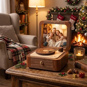 Personlig speldosa med foto, specialdesignad trälampa för skivspelare, familjeminneslampa, julklapp till mamma, unik semesterinredning