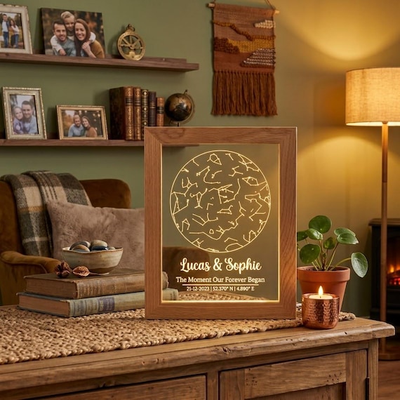 A glowing star map of the exact night sky on your special date, framed in wood — romantic, personal, and doubles as ambient bedroom lighting.