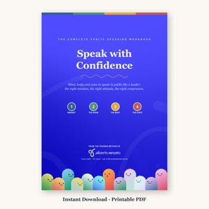 Könnte beinhalten: Ein blaues Arbeitsbuch-Cover mit dem Titel The Complete Public Speaking Workbook: Speak with Confidence. Es enthält vier nummerierte Kreise, Text zur Trainingsmethode von Alberto Ranzato und eine Reihe bunter, lächelnder Comicfiguren.