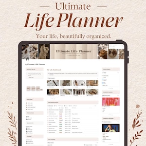 May include: A digital life planner template for Notion displayed on a tablet screen. The interface features a dashboard with sections for daily habits, reading lists, a calendar, and productivity tools, all presented in a neutral color palette.