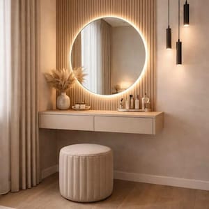 Puede incluir: Un tocador flotante con dos cajones, un gran espejo circular con retroiluminación LED integrada y un taburete cilíndrico capitoné. El conjunto está montado sobre un panel de pared de listones de madera verticales con tres lámparas colgantes negras.