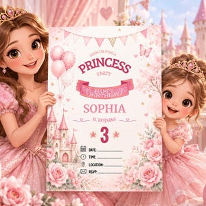 Può includere: Un biglietto d'invito di compleanno rettangolare a tema principessa rosa, con illustrazioni di due personaggi in abito, un castello, rose e palloncini. Il testo recita: Join us for a Princess Party, Happy Birthday, Sophia is turning 3.