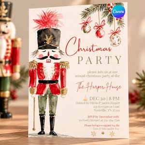 Può includere: Un biglietto d'invito rettangolare per una festa di Natale con un'illustrazione ad acquerello di uno schiaccianoci in uniforme rossa e cappello nero, decorazioni appese e il testo Christmas PARTY, The Harper House, DEC 20, 8 PM.