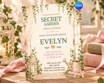 Secret Garden Bridal Shower Invitation, Floral Bridal Shower Invite, Editable Canva Template