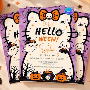Può includere: Un invito di compleanno a tema Halloween con un contorno a forma di gatto, un fiocco arancione con un teschio, fantasmi, zucche e un calderone. Il testo recita Our Little HELLO WEEN! Sophie IS TURNING 5, SATURDAY OCTOBER 24TH 3:30 PM, THE PUMPKIN HOUSE 128 SPOOKY LANE, RSVP BY OCTOBER 18TH TEXT: (555) 284-7316.
