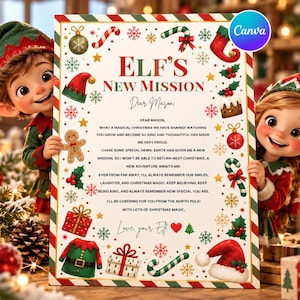 Può includere: Un cartello rettangolare intitolato Elf's New Mission Dear Mason, caratterizzato da un bordo festivo a strisce rosse e verdi. Il cartello è decorato con illustrazioni di addobbi natalizi, bastoncini di zucchero, regali e un cappello da elfo, con testo indirizzato a Mason.