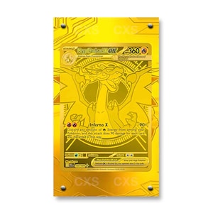 May include: A rectangular gold-colored metal trading card featuring an engraved illustration of Mega Charizard X. The card displays the text Mega Charizard X ex, 360 HP, and Inferno X. It is mounted on a matching yellow background with four silver screws.