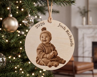 Personalized Baby Gift Engraved Wood Photo Ornament, Baby's First Christmas Ornament, Baptism Gift For New Mom Gift, First Birthday Gift