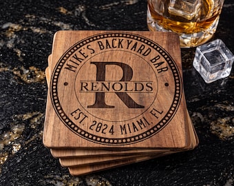Personalized Man Cave Decor Birthday Gift For Him, Home Bar Decor Engraved Wood Custom Coasters, Bourbon Gifts For Husband, Whiskey Gifts