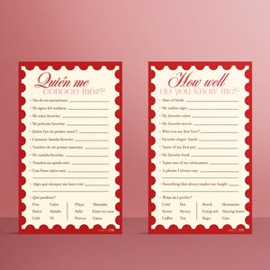 Puede incluir: Dos tarjetas de juego rectangulares con un centro color crema y un borde rojo festoneado. La tarjeta de la izquierda presenta el texto Quien me conoce mas y la tarjeta de la derecha el texto How well do you know me, seguidos de listas de preguntas con líneas en blanco para escribir las respuestas.