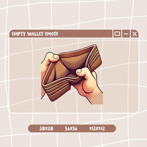 Könnte beinhalten: Eine digitale Illustration mit dem Titel EMPTY WALLET EMOTE, die ein braunes Lederportemonnaie zeigt, das offen gehalten wird und leer ist. Die Grafik befindet sich in einem Fenster mit den Maßen 28x28, 56x56 und 112x112 am unteren Rand.
