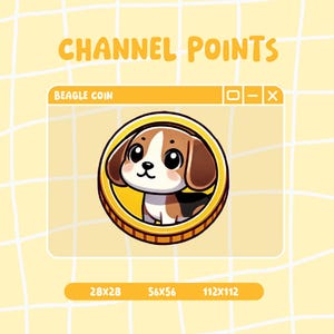 Puede incluir: Un gráfico digital que presenta un cachorro beagle de dibujos animados dentro de un marco de moneda de oro. El texto dice CHANNEL POINTS y BEAGLE COIN. Debajo de la moneda, el texto muestra 28x28, 56x56 y 112x112. Fondo de cuadrícula amarillo.