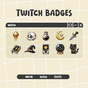 Puede incluir: Un conjunto de diez insignias digitales de Twitch etiquetadas como Witch, con iconos de un cristal, calavera, poción, luna creciente, daga, libro de hechizos, sombrero de bruja, carta de tarot, bola de cristal y gato negro, en 18x18, 36x36 y 72x72.