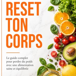 Peut inclure: Un guide numérique intitulé Collection Le Reset, RESET TON CORPS, Le guide complet pour perdre du poids avec une alimentation saine et équilibrée, avec de la laitue fraîche, des oranges, des tomates cerises, un avocat et un citron.