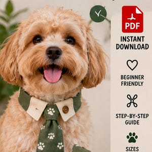 Syguide för hundhalsband, slips och bandana i PDF-format | Mått-och-klipp-mönster för nybörjare | S M L