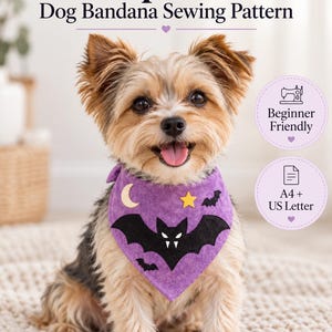 Vampire Bat Dog Bandana Sewing Pattern PDF, Halloween Pet Accessory, A4 US Letter, 3 Sizes
